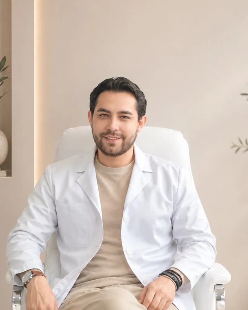 Dr. Richard Jhonatan Navarro, director médico de Almavia, con bata blanca en el consultorio